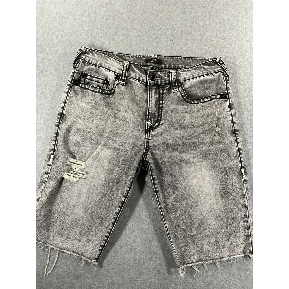 True Religion Ricky Relaxed Straight Gray Acid Wash Denim Cut Off Mens 34 1128